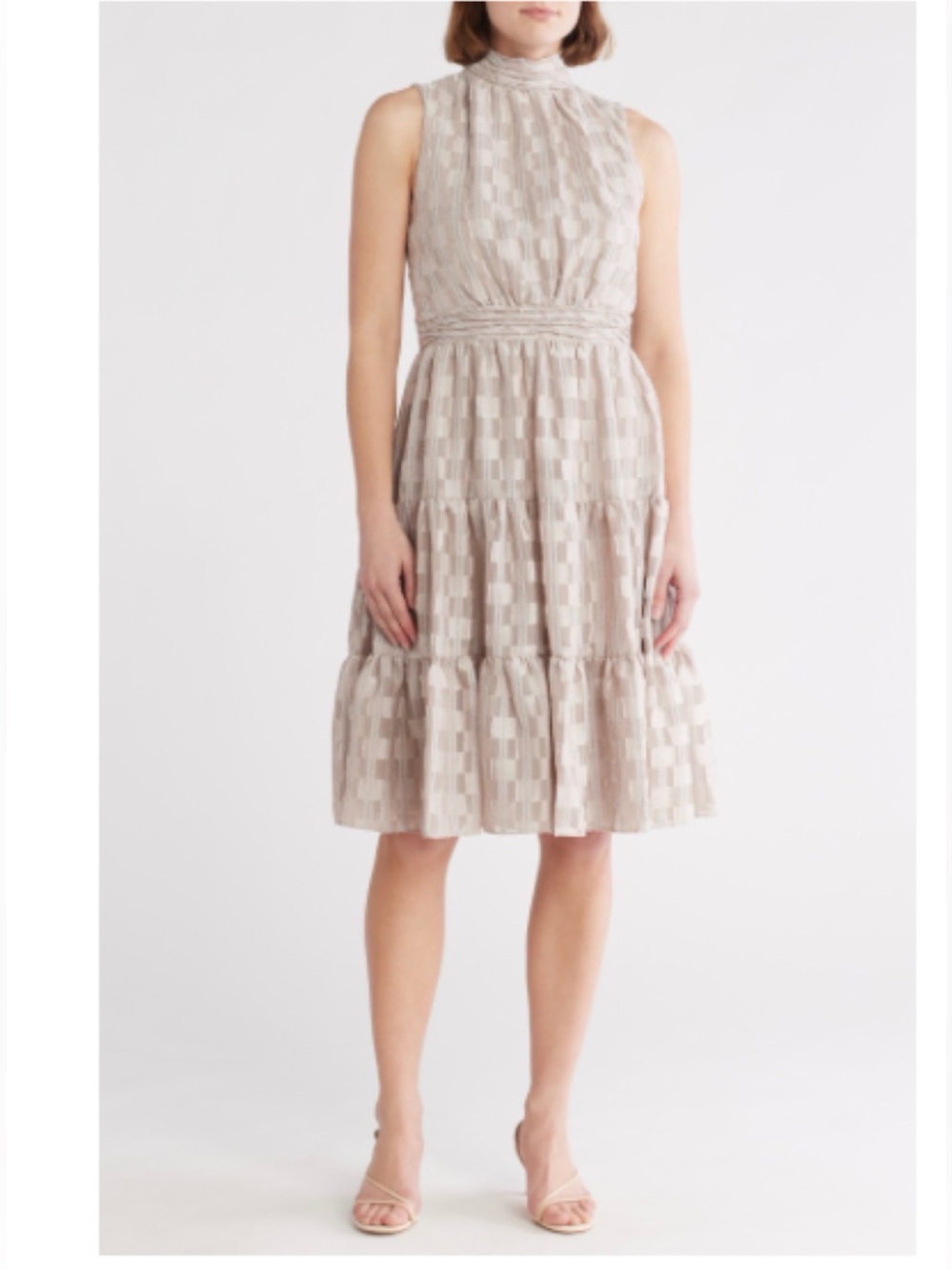 Calvin Klein Beige Sleeveless High-Neck Tiered Midi Dress